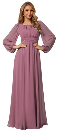 Ever-Pretty Women's Bright Round Neck Long Sleeve Chiffon Floor Length Evening Dresses ES0106B | Crewneck, Floor Length, A-Line, Smocked Waist, Mother of the Bride Dresses, Bridesmaid Dress, Evening Gown