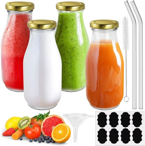 Mispudin Lot de 4 Bouteille Verre 330ml avec Bouchon Métal, Petite Bouteille en Verre 33cl avec Paille, Étiquettes, Entonnoir, Bouteilles Jus de Fruit pour Lait, Yaourt, Smoothie, Réutilisables, Vide