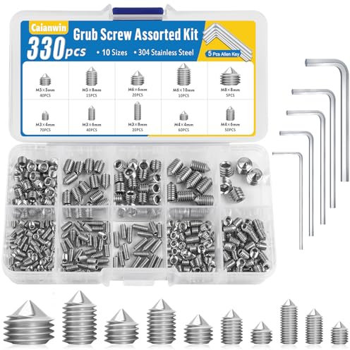 Caianwin 330 Stück Kegelspitz Madenschrauben Set M3 M4 M5 M6 M8 Edelstahl Schrauben Innensechskant Gewindestifte mit 5 Stk Schraubenschlüssel für Türklinke, Halterung