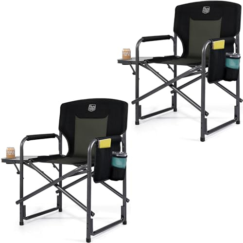 TIMBER RIDGE Campingstol med 2 delar vikbar ultralätt 3,3 kg regissörsstol hopfällbar 180 kg med sidobord fiskestol med sidoficka mugghållare bärbar för camping fiske strand picknick festival