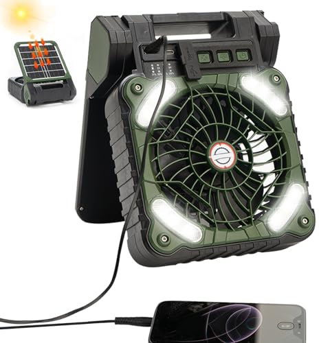 DZAY Campinglampe mit Ventilator USB Aufladbar Camping Ventilator,Tragbarer Solarventilator mit LED Laterne,5200mAh Wiederaufladbare Solar Powered Camping Fan für Outdoor Camping Zubehör (Grün)