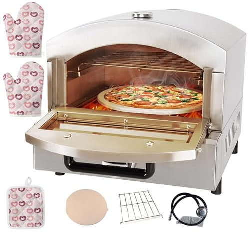 forplubossmmp Horno De Pizza Eléctrico, Horno De Pizza Al Aire Libre con Piedra para Pizza De 12 Pulgadas, Máquina para Hacer Pizza, con Guantes, Tapete, Piedra para Pizza, Estante, Manguera