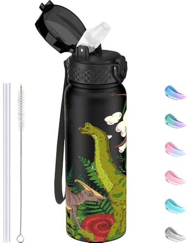 GOPPUS 600ml/20oz Stainless Water Bottle with Straw Double Wall Insulated Bottles with Strap One Hand Open Vacuum Thermal Flask Leakproof Keep Cold Drinks Bottles BPA Free for Adults (Black Dinosaur)