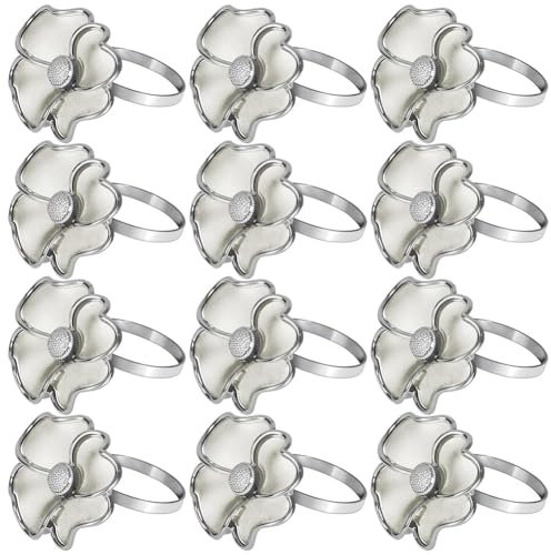 Rtppyakk Blumen-Serviettenringe - Rostfreie, Elegante Serviettenhalter für Papierservietten und Tischdecken zum Abendessen, Silbernes 12Er-Set