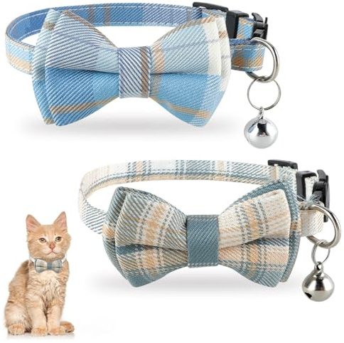 Jeffdad 2Pcs Cat Collar Breakaway, Cat Collar with Bells Bowtie Plaid Cat Collar Adjustable for Kitten Puppy and Small Pets (Blue and White Plaid)