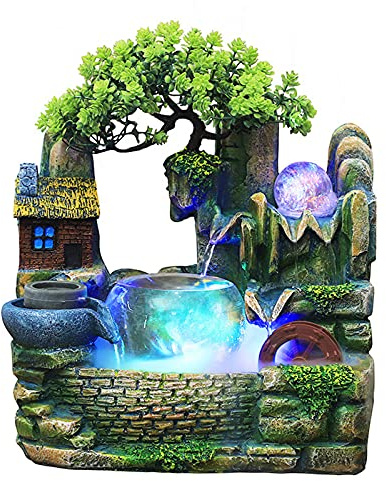 Fuente de mesa con iluminación LED, cascada, fuente de mesa con niebla, jardín rocoso, fuente de interior con planta verde, para casa, dormitorio, escritorio, decoración 24x24x21cm