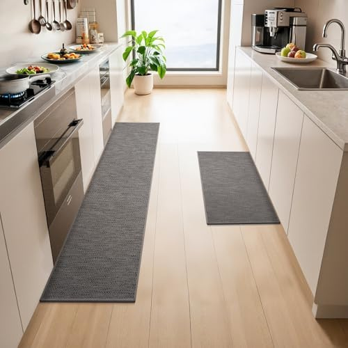LEKEEPGO 2 Stück Küchenteppich, Küchenläufer, Teppich Läufer Küche, Grau | 43.5x75cm+43.5x150cm, Rutschfest, Schmutzabweisend, Absorbierend, Auslaufsicher, Waschbar, Leicht zu Reinigen,für Küchen,Flur