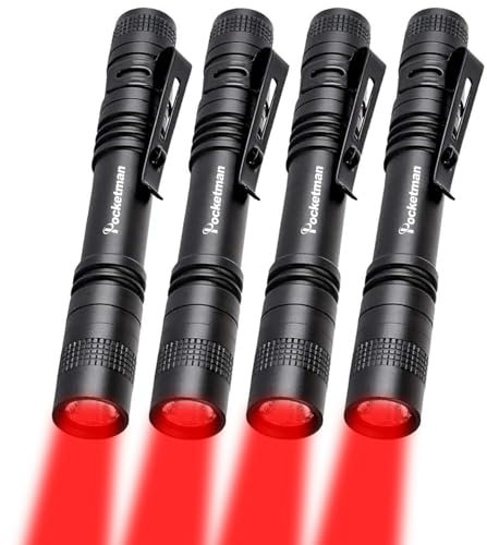 POCKETMAN Red Light LED Flashlight - Mini, Portable, Waterproof, Lightweight, 13cm with Clip, Red Light or Observation, Night Vision, Fishing, Exploration