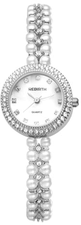Silverora Uhren Damen Perlen Damenuhren: 3ATM Wasserdicht Klein Analoge Quarzuhren glänzend Volldiamant Armbanduhren mit Abnehmbares Schmal Perlenarmband Geschenke für Frauen