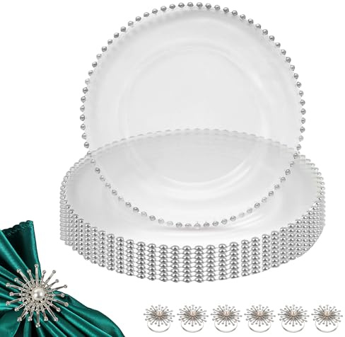 12 Silver Bead Acrylic Charger Plates & 12 Pearl Diamante Napkin Rings | Set of Plates and Napkin Rings Ideal for Thanksgiving , Wedding, Dinner Party, Event and Table Decoration