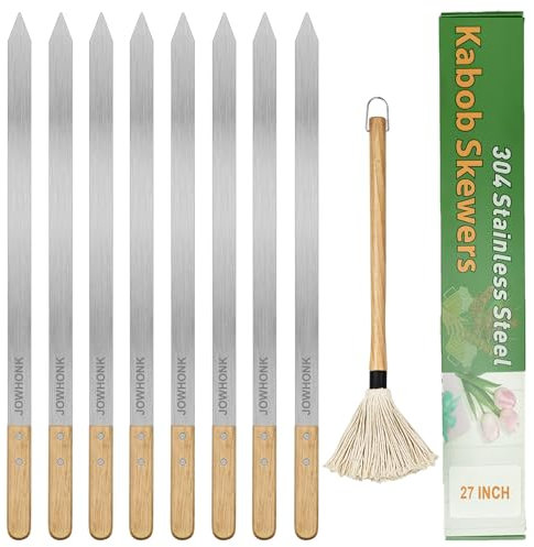 JOWHONK 27 Inch Extra Long 1 Inch Wide Kabob Skewers for Grilling, Premium 304 Stainless Steel Barbecue Skewer with Wood Handle,Metal Flat Kebab Skewers include 8PCS BBQ Skewer,1PCS Grill Mop Brush