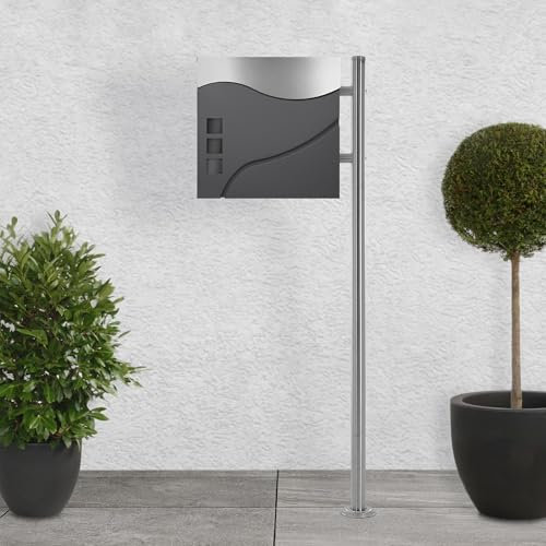 ECD Germany Cassetta delle Lettere a Stelo con Scomparto per Giornali Cassetta Postale 120 cm in Acciaio Inox Antracite/Argento 37 x 36,5 cm Sistema di Cassette per le Lettere con Supporto
