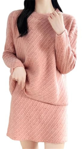 DBFBDTU Strickset Damen Langarm Pullover Tasche Hüftrock Zweiteiler Set Lose Oberteil Kurzer Rock Damen Wollset, Pnnrk, M