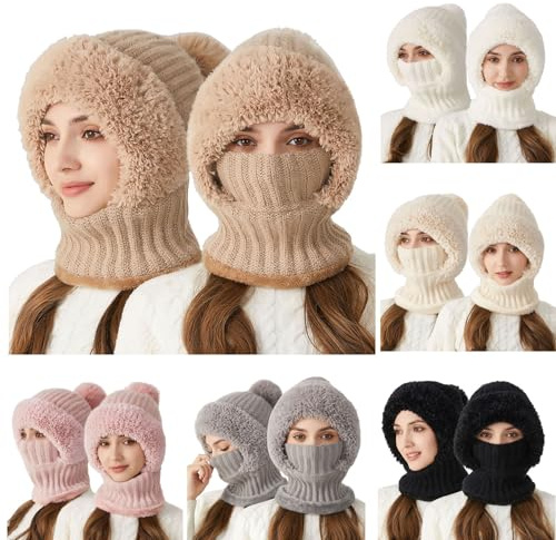 2 in 1 Wintermütze Strickmütze Warme Mütze mit Winddichte Masken Kreis Schal Set Balaclava Winter Stricken Mütze mit Fleecefutter für Damen Winddichte Kälteschutz Skimütze (001 Khaki, Einheitsgröße)