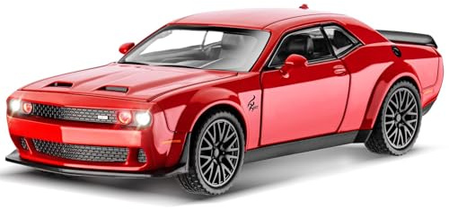 MODVKVK Dodge Challenger 1:32 modellbil, Hellcat-leksaksbil med ljud och ljus, retryckfunktion för barn från 3 år och bilsamlare (röd)