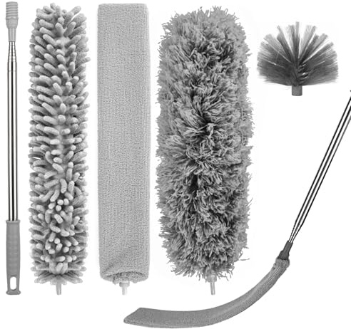 YHNDECO Spolverino telescopico da 4 pezzi, lavabile, Duster in microfibra in acciaio inox con asta telescopica, allungabile fino a 240 cm, asta e scopa angolare pieghevole per spazi vuoti, coperte