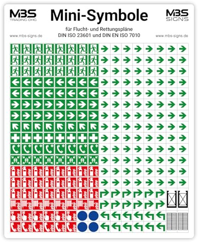 268 Stück Aufkleber Sticker „Mini-Symbole für Flucht- und Rettungspläne“ auf Bogen DIN ISO 23601 und DIN EN ISO 7010 | 1x1 cm Made in Germany