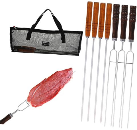 HIAKDOFT 1juego Brochetas De Acero Inoxidable Mango De Madera Para Barbacoa Reutilizables y Resistentes Para Asados Al Aire y Picnics