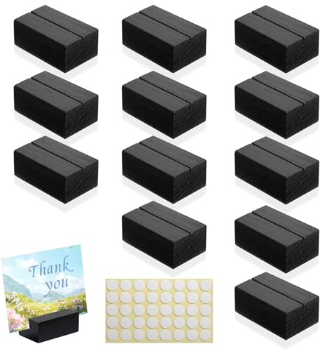 Worown 12 Pcs Mini Wooden Place Card Holders, Small Wooden Table Number Stands, Name, Price Tags Stands for Party Buffet, Wedding, Cafe Bar, Dining Room ( Black-Includes Adhesive Stickers)