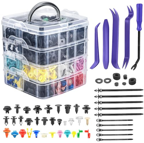 1240Pcs Blue Car Retainer Clips & Fasteners Kit – 32 Universal Sizes Nylon Bumper, Fender Rivets, Door Panel Clips, and Plastic Rivets with 10 Cable Ties and Removal Tool for Toyota