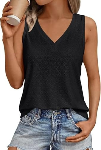 Sukiglam Camisetas sin Mangas para Mujer Verano Elegante Blusas Holgada con Cuello en V Transpirable Elástica Tank Top Bordado de Ojales Camiseta Bohemia Casual Camisolas Shirt para Vacaciones