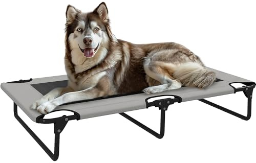 PawHut Hundeliege Klappbar Outdoor Erhöht für Hunde 107x61x20 cm Hellgrau | Haustierliege, mit Mesh Stahlrahmen Füßen, Haustierbett für Draußen Camping, für Große Hunde