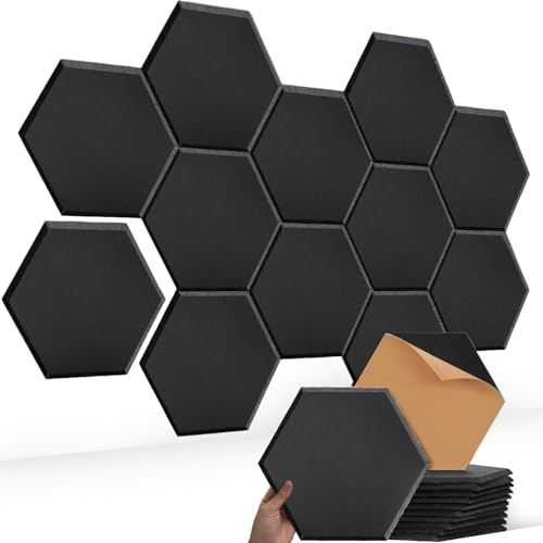 Mgood Akustiska paneler, självhäftande, 12 stycken hexagon, akustiska plattor, ljudisolering, väggpaneler för akustisk behandling för studio, lägenhet, kontor och väggdekoration, svart (30 x 26 x 0,9