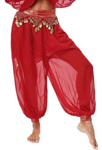Bauchtanz-Kostüm-Hose für Damen, seitlich geteilt, Pailletten, glänzend, Harems-Yogahose, arabische Halloween-Hose, 02#rot, One size