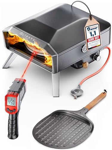LIKAYA NeroSpin Pizzaofen Gas – 6,2kW Outdoor Gas Pizzaofen 450°C - Gas Pizza Ofen Outdoor mit Pizzastein Drehteller, Pizzaschaufel, Tasche & Laser Thermometer – knusprige Pizza in nur 90 Sekunden!