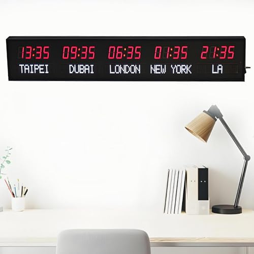 Orologio Da Parete a LED, Orologio Con Fusi Orari Mondiali, Orologio Da Parete a LED, 3 Livelli Di Regolazione Della Luminosità,Orologio Da Parete Silenzioso Wifi,Red+white