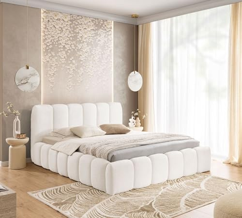 FURNISTAR Polsterbett MIA mit Bettkasten, Bett 160x200, Bubble Bett, Doppelbett mit Stauraum und Lattenrost, Boxspringbett-Optik, ohne Matratze, Schlafzimmer - Weiß
