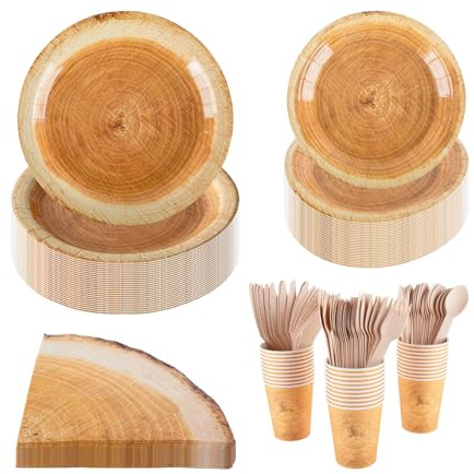 CEILIWEN Service de table de fête effet bois pour 30 invités - Assiettes, gobelets, serviettes et couverts en bois de 23 cm et 18 cm - Pour mariage, pique-nique, anniversaire, fête de Noël