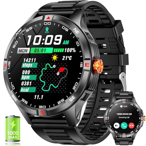 Haulvean Reloj inteligente militar para hombre, responde/hacer llamadas, reloj de fitness HD de 1.46 pulgadas con batería de 1000 mAh, IP67 impermeable rastreador de fitness con frecuencia cardíaca 24