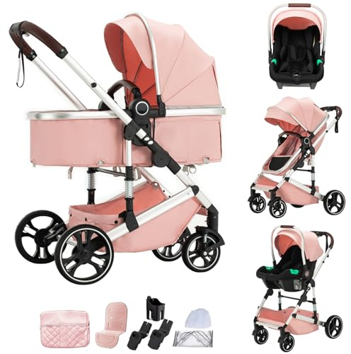Mobayta 3 in 1 Pushchair Pram Travel System, Baby Stroller 3 in 1 with Reversible Two Pushing Modes, Newborn Infant Carriage Adjustable, Toddler Buggy Aluminum Frame (H9-Pink, H9)