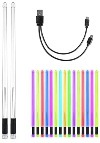 Garsent Beleuchtete Trommelstöcke, 15 Farbwechselnde Trommelstöcke, Wiederaufladbare USB-LED-Schlagzeugstöcke mit Schalter für Bühnenauftritte, Professionelle Musikübungen für Kinder