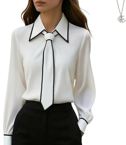 WXDTW Chemisiers en soie habillés pour femmes - Business décontracté - Élégant - Col bénitier - Manches longues - Chemises de travail de bureau en satin avec cravate, blanc, L