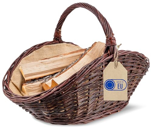 Creative Home Stor vedkorg i rotting Eldstadskorg Bärkorg | 64 x 39 x 43 cm | Oval vedkorg Mörkbrun | Flätad korg för ved/trä | Med ränder