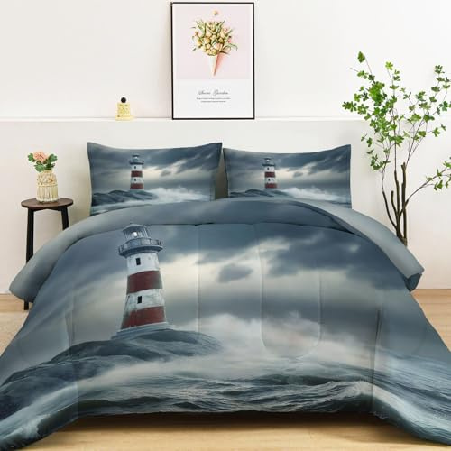 Natürliche Wellen Leuchtturm Ganzjahresdecke, 4 Jahreszeiten Waschbare Bettdecke Ohne Bezug, Wendbare Tagesdecke aus Mikrofaser, beidseitig verwendbar, 155x220 cm, Graublau
