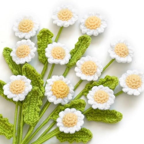 12 fiori all'uncinetto, bouquet di fiori artificiali all'uncinetto, margherite, realistici per la festa della mamma, San Valentino, compleanno, matrimonio, decorazioni per la casa, bianco, fior