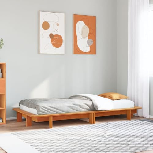 QUAHEAS Massiv träsäng, furu, vaxbrun, 75 x 190 cm, robust plattform, sängram med ribbotten, hållbar säng för sovrum, utan madrass