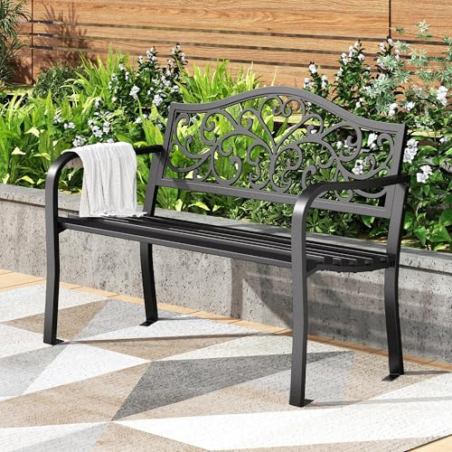 PHI VILLA 110 cm Metal Garden Bench Cast Iron Floral Backrest Steel Frame 2-3 Seater Outdoor Bench Slatted Seat for Park, Yard, Front, Black