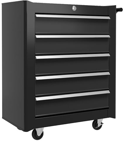 Fasba 5-Drawer Tool Chest with Wheels, Steel Lockable Tool Storage Cabinet with Handle, 2 Keys for Garage, Workshop, Black