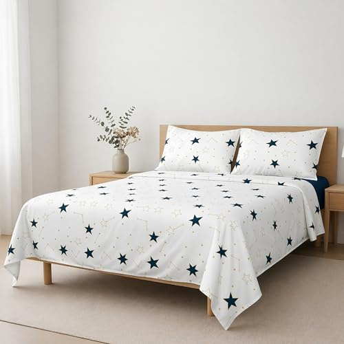 Etrexonline Juego de Sábanas 4 Piezas Cama 150 cm - Microfibra Ultra Suave Incluye 1 Bajera Ajustable 150x200+30 cm, 1 Encimera 230x270 cm, y 2 Fundas de Almohadas 50x75 cm - Color Estrella Nueva