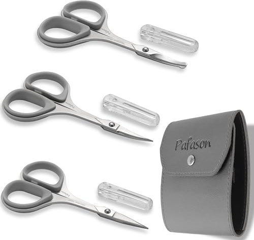PAFASON Ultra Sharp Beard Scissor Set, High Precision Straight Curved Round Tip Mustache Facial Nose Hair Trimming Tool, Stainless Steel, Safety Case, Premium Leather Pouch