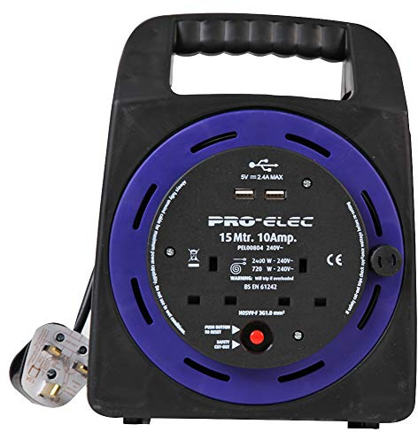 PRO ELEC PEL00804 – 2‑Gang Mains Extension Cassette Reel with USB, 15 m