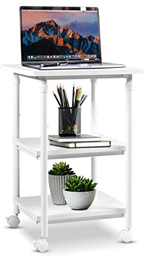 GOPLUS Druckertisch mit Räder, Rollcontainer mit 3 Ablagen, Rollwagen mit Höhenverstellbarem Regal, Drucker Ständer für Schreibtisch, aus Metall, Multifunktionswagen für Büro (Weiß)