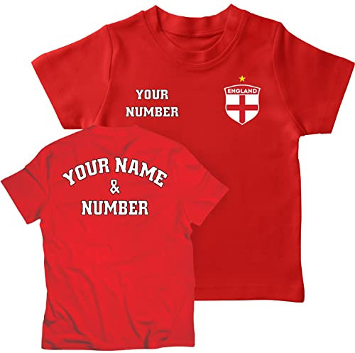 lepni.me T-shirt för barn England Fotbollströja med Ditt Namn och Nummer - England Flaggmärke Personlig Retro Anpassad topp VM 2022 Fotbolls EM Fans (9-11 år Röd Flerfärgad)
