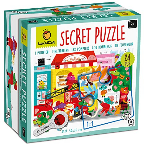 Ludattica - Secret puzzle I Pompieri - Puzzle 24 pezzi bambini 3+ - Due giochi in uno - Dimensione 50 x 35cm - Made in Italy