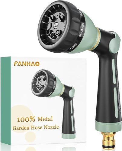 FANHAO Hose Pipe Spray Gun Heavy Duty, 100% Metal Garden Hose Spray Gun with 8 Spray Patterns, High Pressure Hose Nozzle with Thumb Control, On Off Valve for Garden Watering, Car & Pet Washing