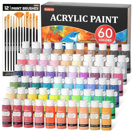 Shuttle Art Colori Acrilici per Dipingere 72 Pezzi, 60 X 60ml Acrilici per Dipingere e 12 pennelli, Set Pittura Professionali per Artisti, Principianti, Acrylic Paint su Tela Rocce Legno Ceramica
